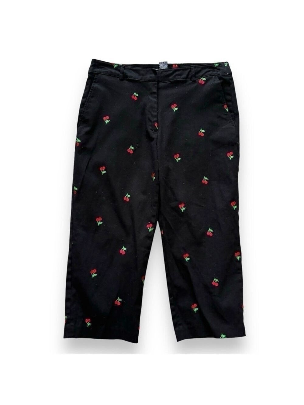 Briggs New York Petite Black Embroidered Red Cherries Capri Pants - Size 8P